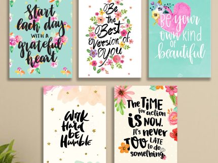 Set of 5 Floral Motivational Wall Art Frames – 8×11″ MDF with Sticky Backing