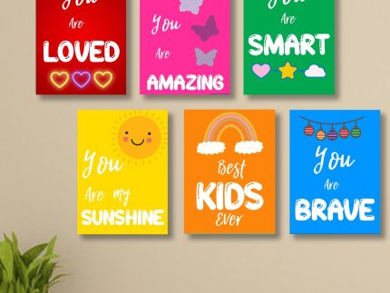 Set of 6 Kids’ Motivational Wall Art Frames – 8×11″ MDF with Sticky Backing