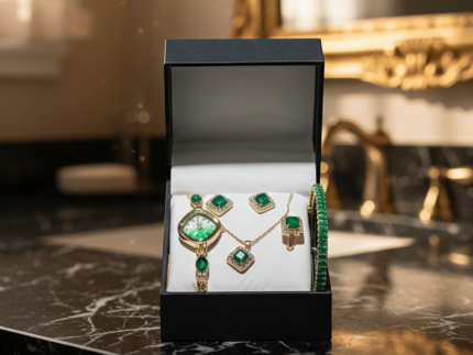 Chic Womens Digital Display Watch With Emerald Green Jewellery Stainless Steel Premium Quality For Daily Wear And Special Occasions