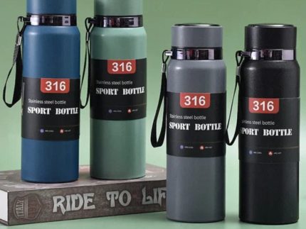 316 Medical Grade Stainless Steel Double Walled Vacuum Insulated Leak Proof Sport Water Bottle with Durable Nylon Carrying Strap 800ml (random colour)