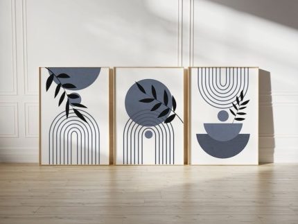 Set of 3 Abstract Botanical Wall Art Frames – 8×11″ MDF Wood with Adhesive Backing