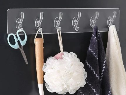 Pack of 3 Transparent 6‑Hooks Hanger | Self Adhesive | Waterproof & Reusable Wall Hooks | Multipurpose Strong Clips