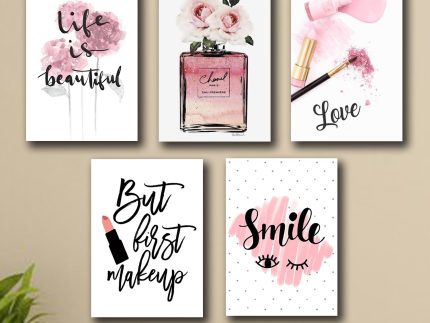 Set of 5 Makeup-Themed Wall Art Frames – 8×11″ MDF with Sticky Backing