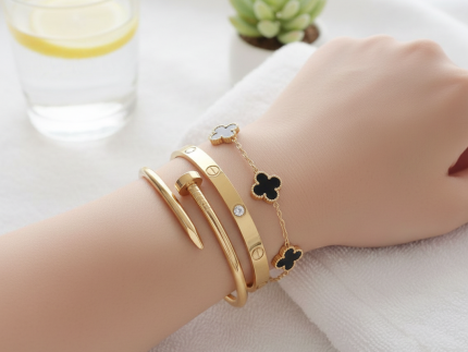 3 PC Stainless Steel Bangle Set for Women: Elegant Gold-Tone Stackable Jewelry.