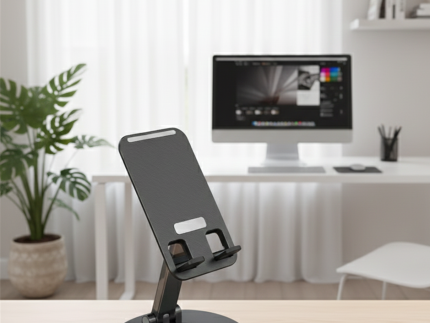 Sleek Matte Black Universal Adjustable Desktop Phone Stand for Home Gym Office and Kitchen Surface Stability